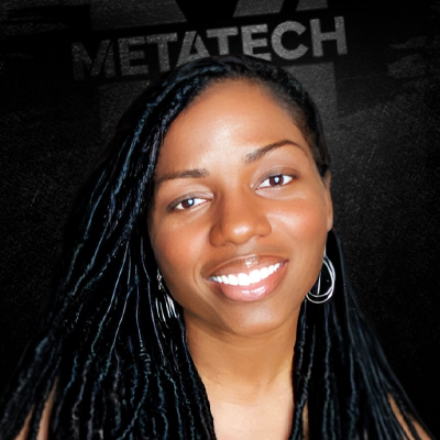 Smiling woman with braids, METATECH background.